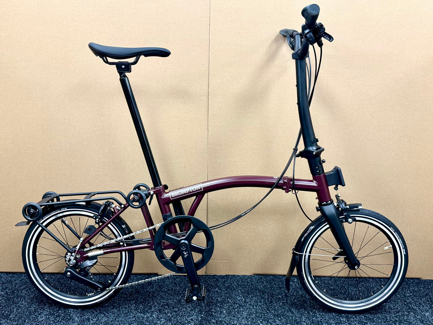 Brompton P Line 12-Speed High-HB Plum Red w/Roller Rack